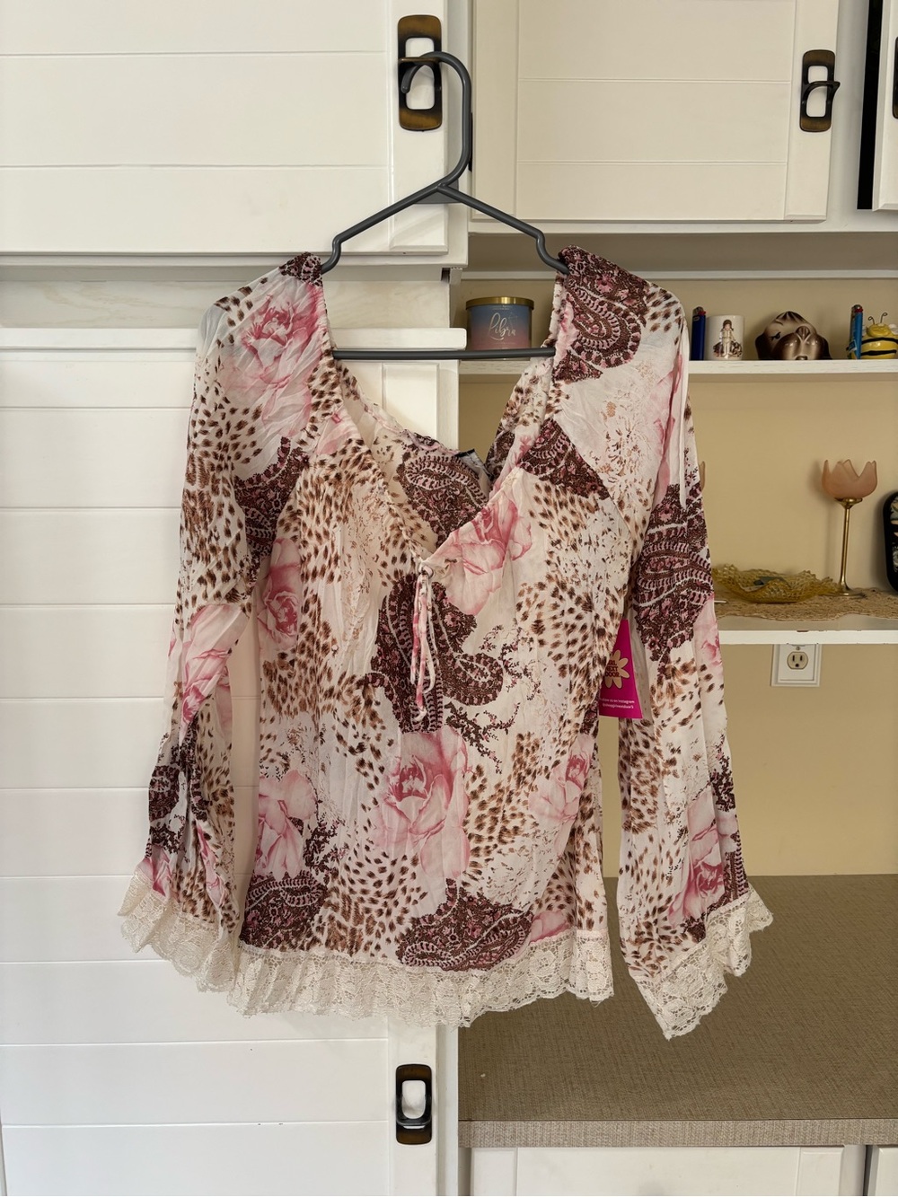 Vintage Floral Animal Print Lace Trim Blouse